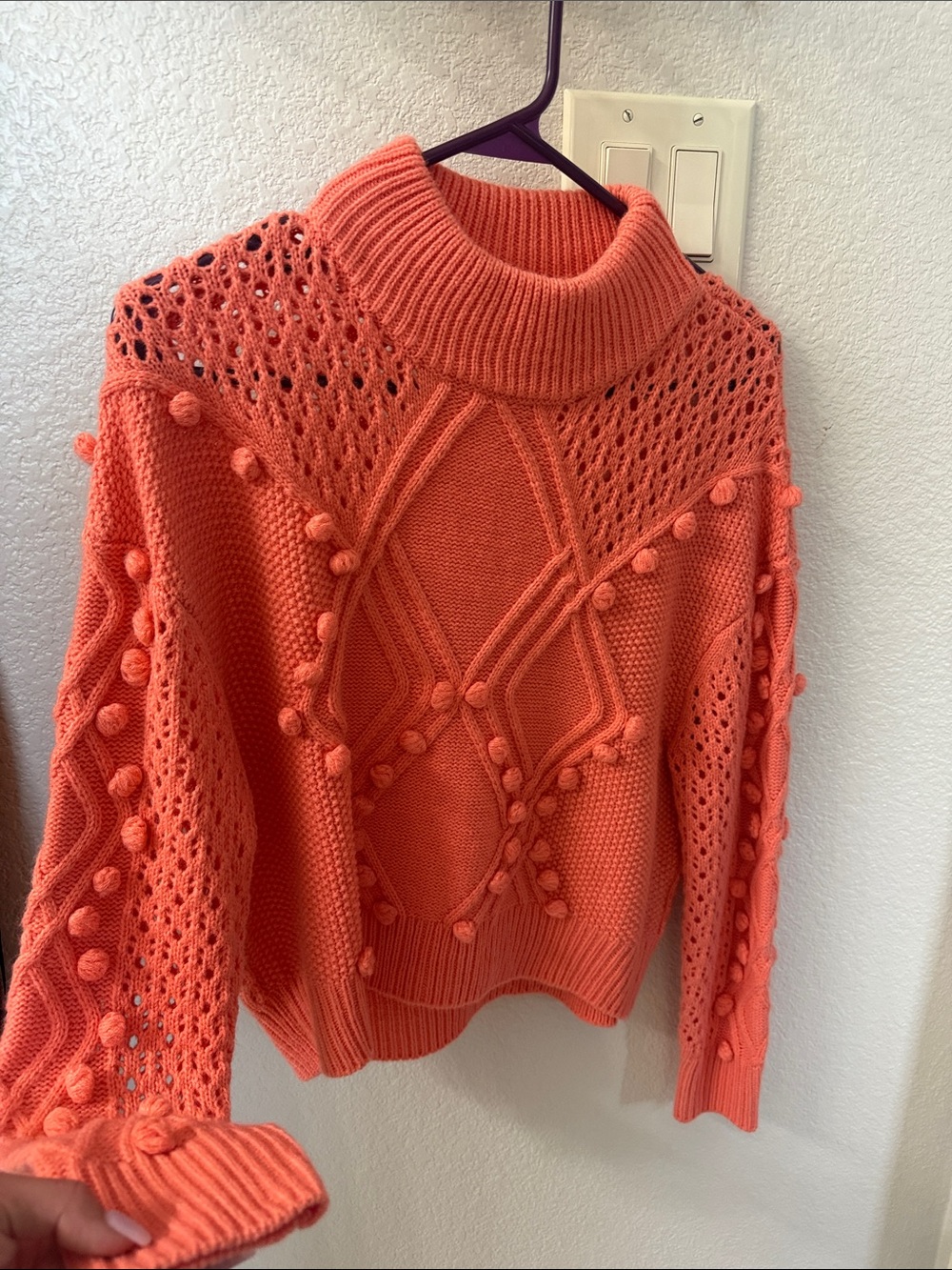 Rock & Roll Cowgirl Coral Pom-Pom Cable Turtleneck Sweater